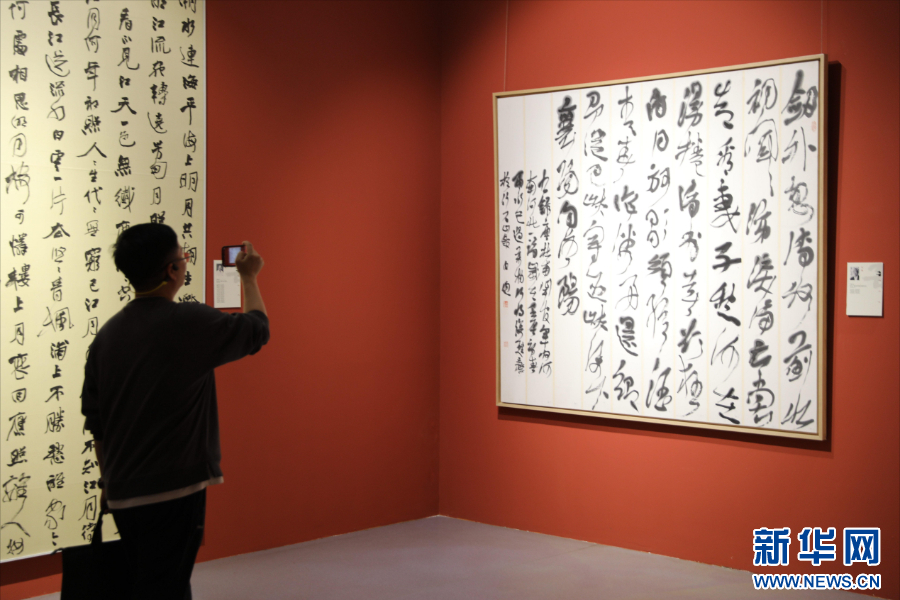 新华网李国栋摄3月26日,一位市民在乌海市当代中国书法艺术馆内拍摄.